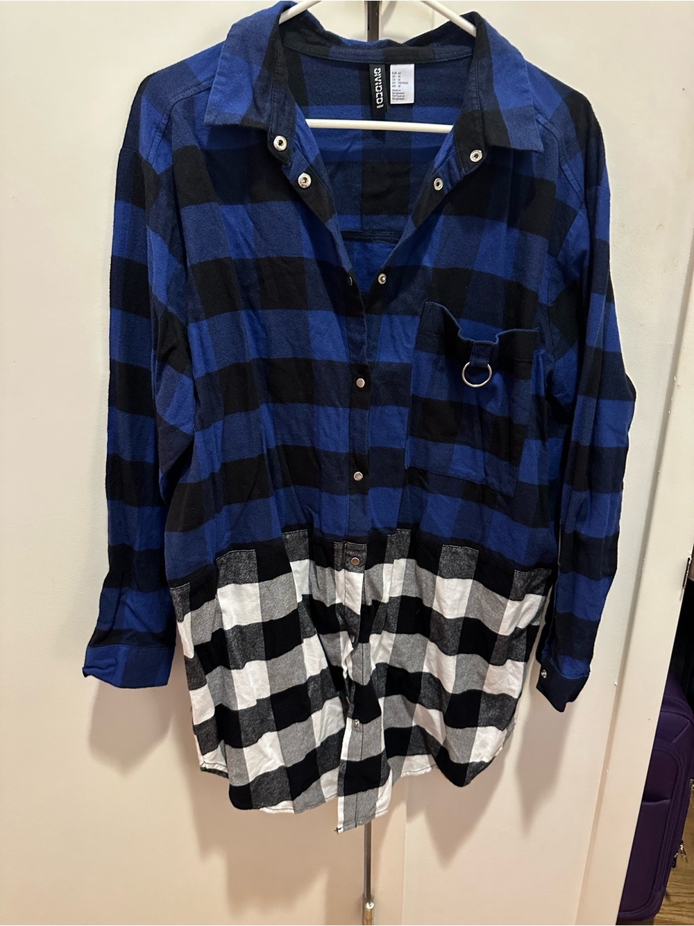 H&M Blue and Black Plaid Button-Down with White Lower Block